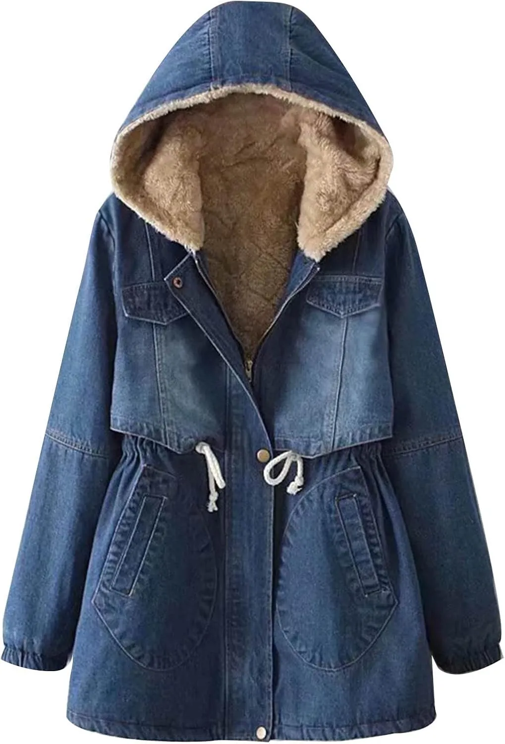 DDAPJ pyju Women's Hooded Denim Jacket Mid-Long Sherpa Fleece Lined Thicken Winter Coats Trucker Jacket Overcoat with Pockets