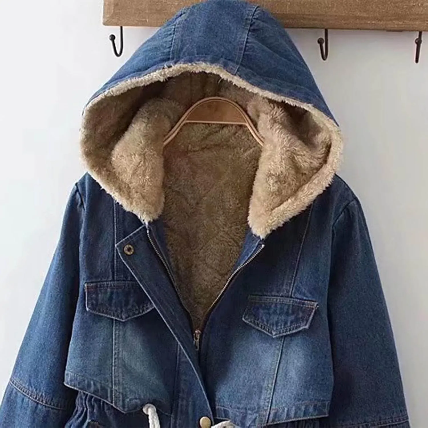 DDAPJ pyju Women's Hooded Denim Jacket Mid-Long Sherpa Fleece Lined Thicken Winter Coats Trucker Jacket Overcoat with Pockets