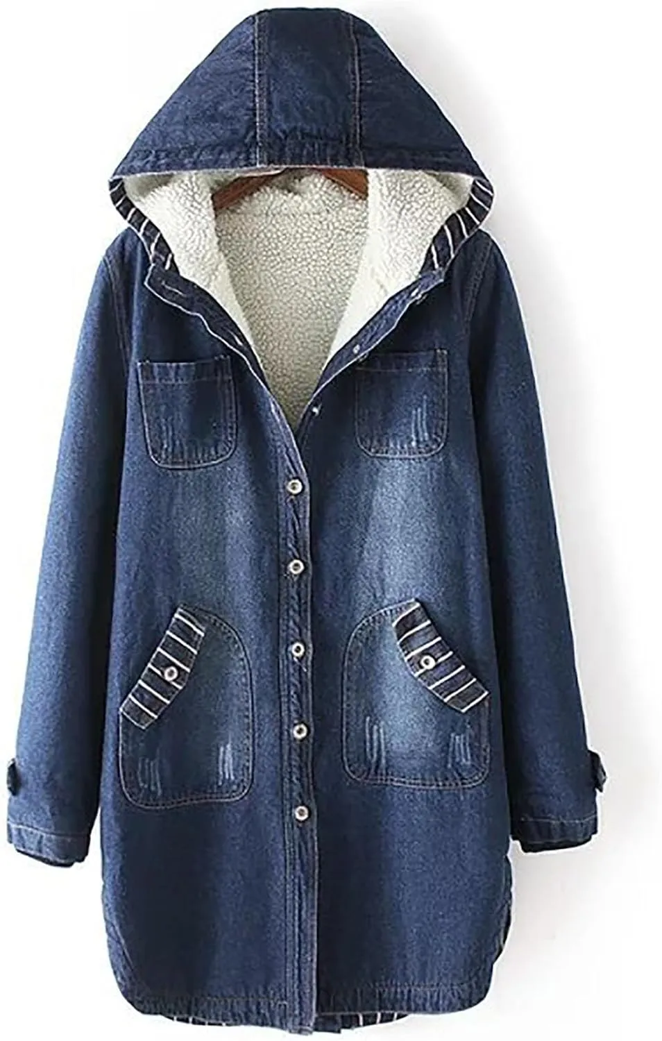 DDAPJ pyju Women's Hooded Denim Jacket Mid-Long Sherpa Fleece Lined Thicken Winter Coats Trucker Jacket Overcoat with Pockets