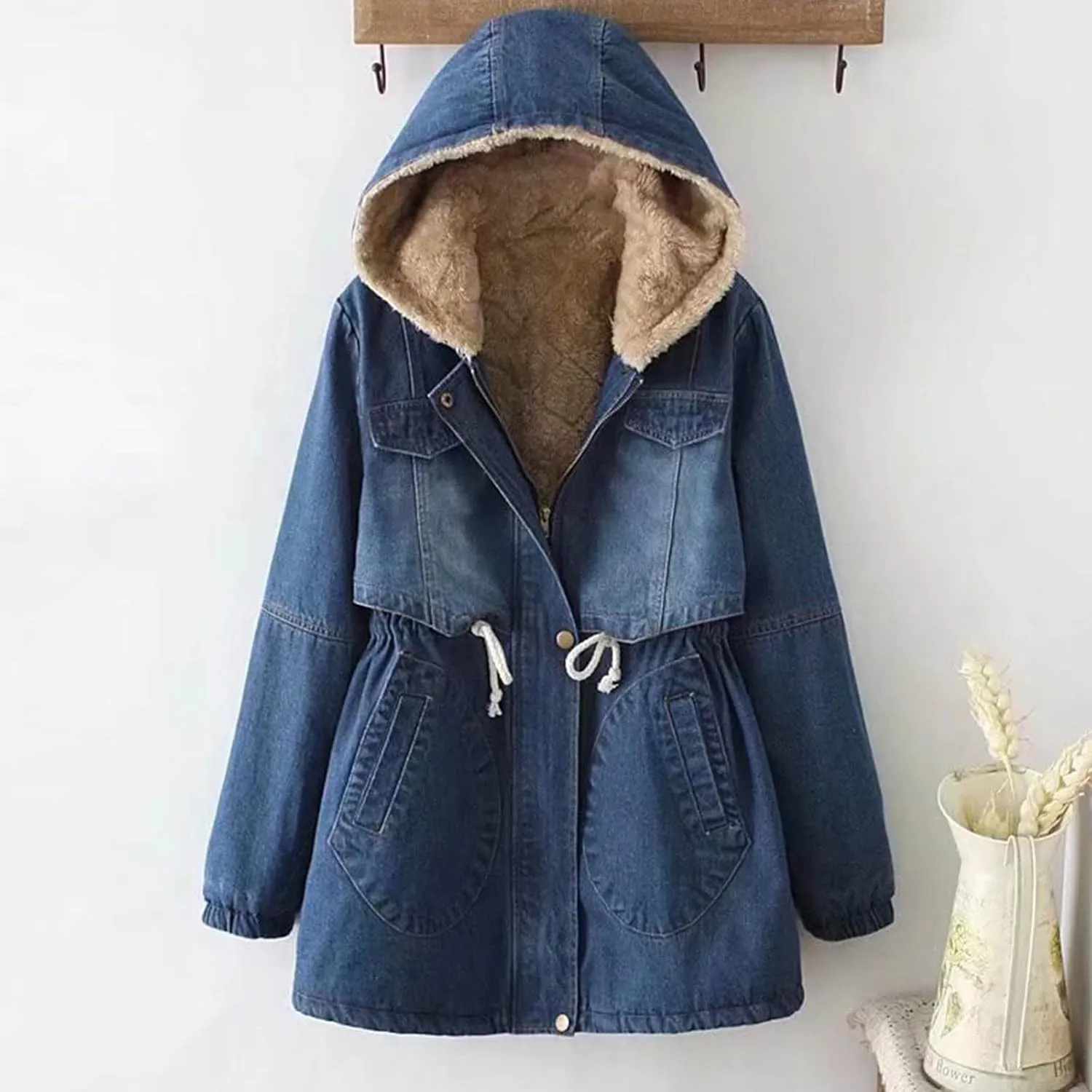 DDAPJ pyju Women's Hooded Denim Jacket Mid-Long Sherpa Fleece Lined Thicken Winter Coats Trucker Jacket Overcoat with Pockets