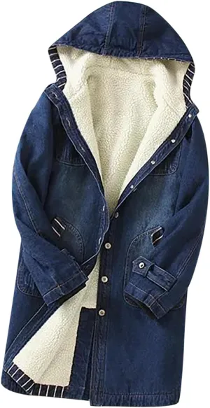 DDAPJ pyju Women's Hooded Denim Jacket Mid-Long Sherpa Fleece Lined Thicken Winter Coats Trucker Jacket Overcoat with Pockets