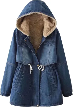 DDAPJ pyju Women's Hooded Denim Jacket Mid-Long Sherpa Fleece Lined Thicken Winter Coats Trucker Jacket Overcoat with Pockets