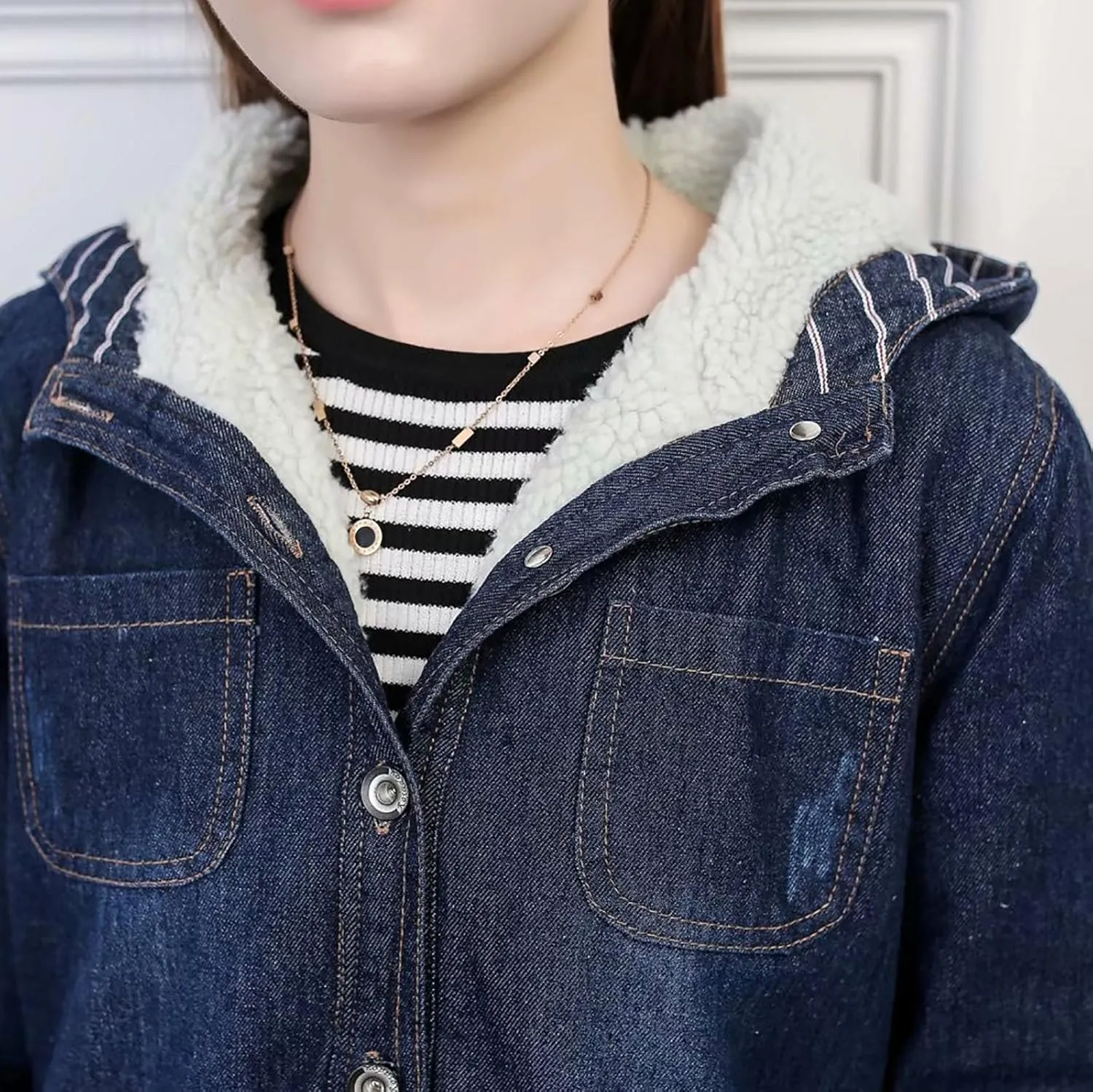 DDAPJ pyju Women's Hooded Denim Jacket Mid-Long Sherpa Fleece Lined Thicken Winter Coats Trucker Jacket Overcoat with Pockets