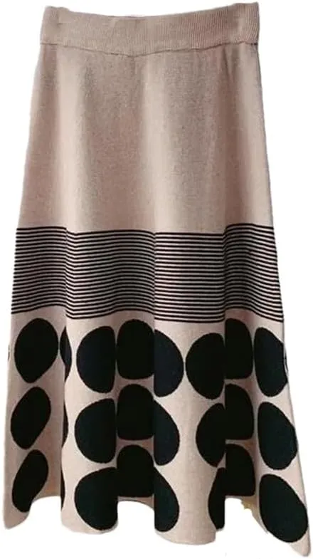 Dvbfufv High Waist Knitted Skirt Women's Autumn Winter Skirt Lady Elastic A-Line Pleated Midi Skirt