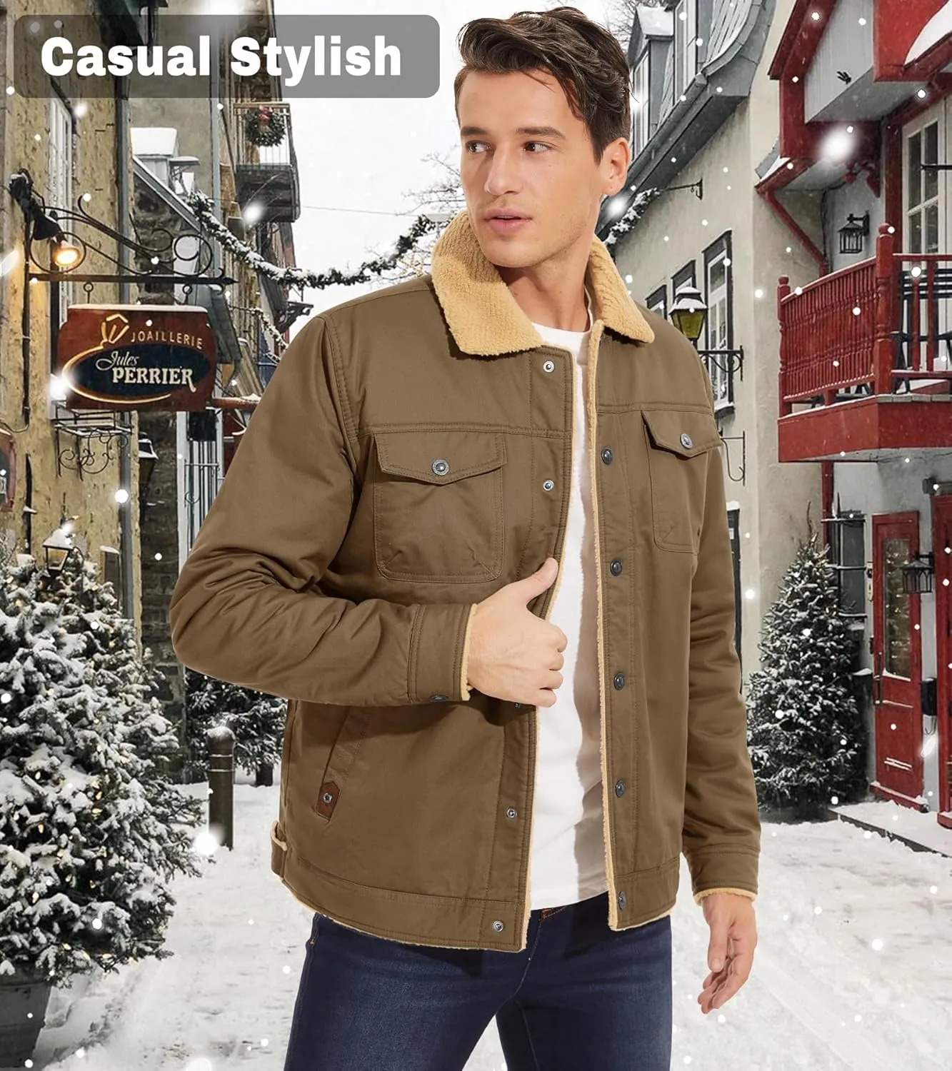 EKLENTSON Men's Winter Jacket Thick Thermal Cotton Warm Fleece Lined Coat Trucker Lapel Work Cargo Jackets for Men