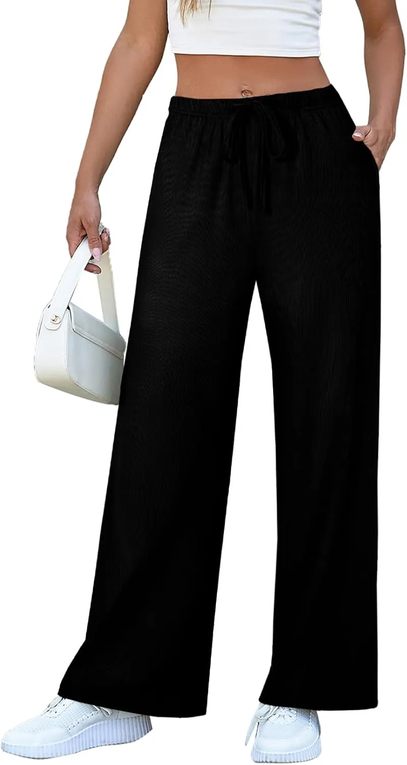 EVALESS Wide Leg Pants for Women Drawstring Elastic Waist Stripe Ribbed Sweatpants with Pockets