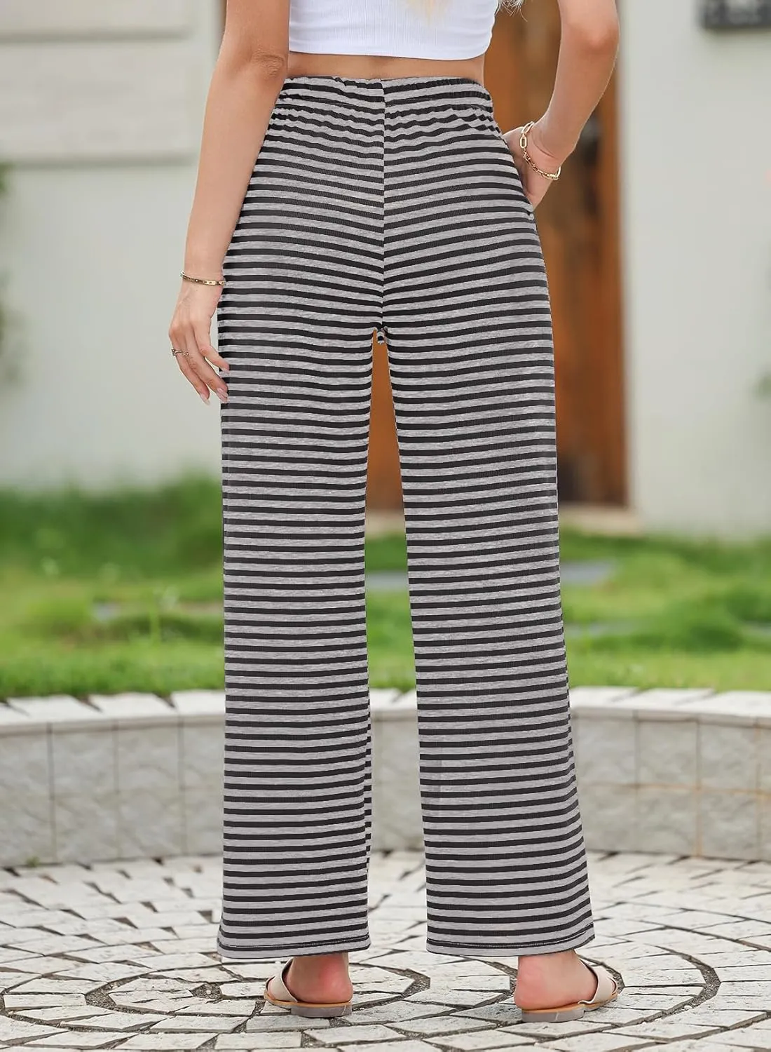 EVALESS Wide Leg Pants for Women Drawstring Elastic Waist Stripe Ribbed Sweatpants with Pockets