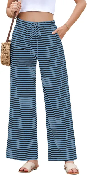 EVALESS Wide Leg Pants for Women Drawstring Elastic Waist Stripe Ribbed Sweatpants with Pockets