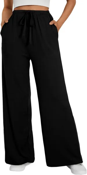 EVALESS Wide Leg Pants for Women Drawstring Elastic Waist Stripe Ribbed Sweatpants with Pockets