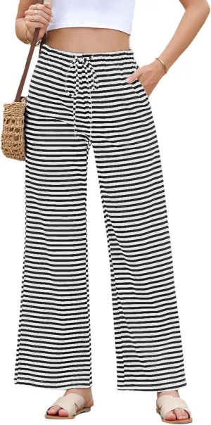 EVALESS Wide Leg Pants for Women Drawstring Elastic Waist Stripe Ribbed Sweatpants with Pockets