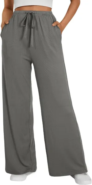 EVALESS Wide Leg Pants for Women Drawstring Elastic Waist Stripe Ribbed Sweatpants with Pockets