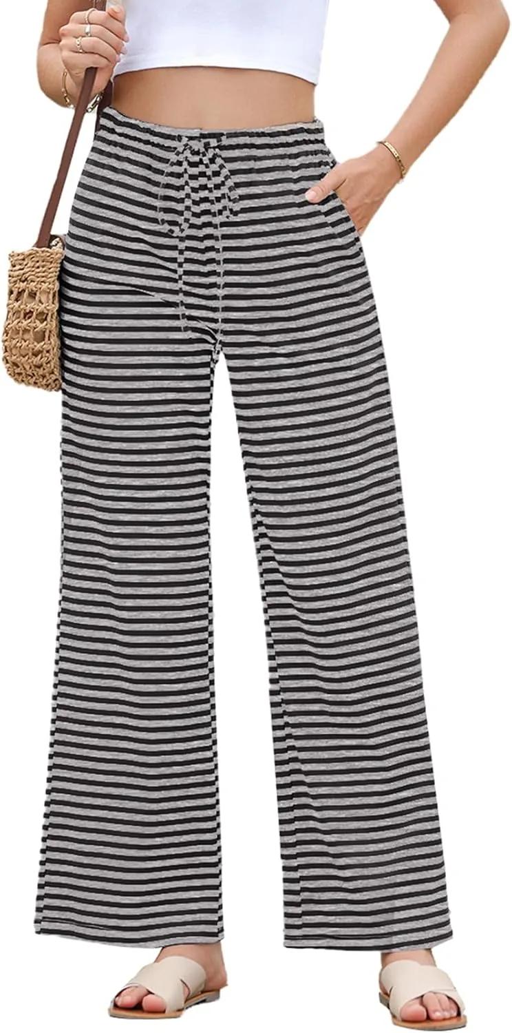 EVALESS Wide Leg Pants for Women Drawstring Elastic Waist Stripe Ribbed Sweatpants with Pockets