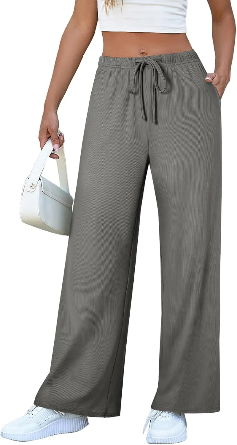 EVALESS Wide Leg Pants for Women Drawstring Elastic Waist Stripe Ribbed Sweatpants with Pockets