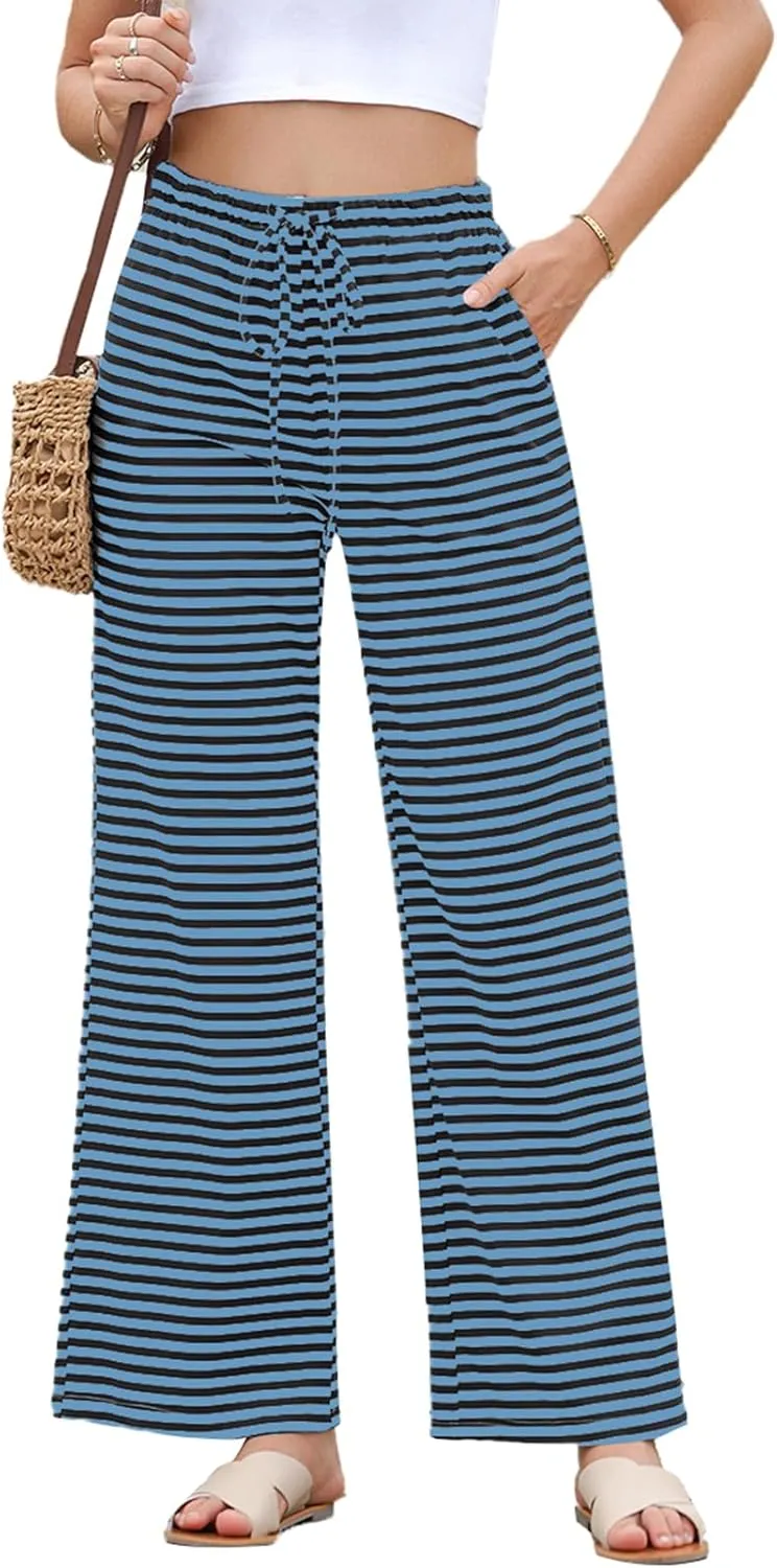 EVALESS Wide Leg Pants for Women Drawstring Elastic Waist Stripe Ribbed Sweatpants with Pockets