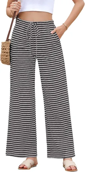 EVALESS Wide Leg Pants for Women Drawstring Elastic Waist Stripe Ribbed Sweatpants with Pockets