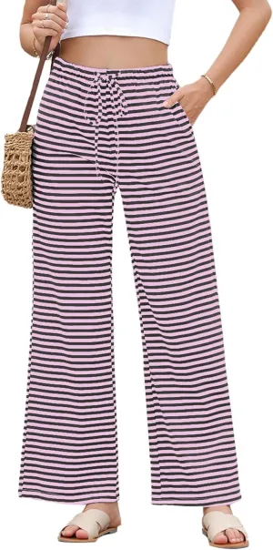 EVALESS Wide Leg Pants for Women Drawstring Elastic Waist Stripe Ribbed Sweatpants with Pockets