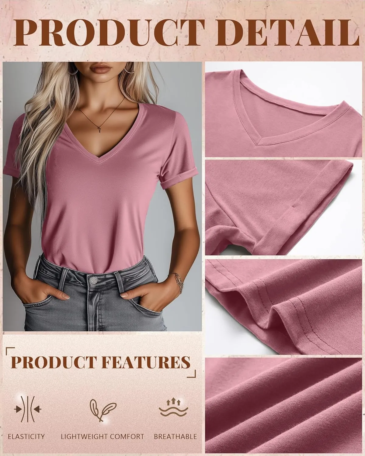 Ficerd 3 Pack Women's V Neck T Shirts, Cotton Summer Casual Short Sleeve Tops Loose Fit Rolled Sleeve Tees 2025 Trendy Shirts