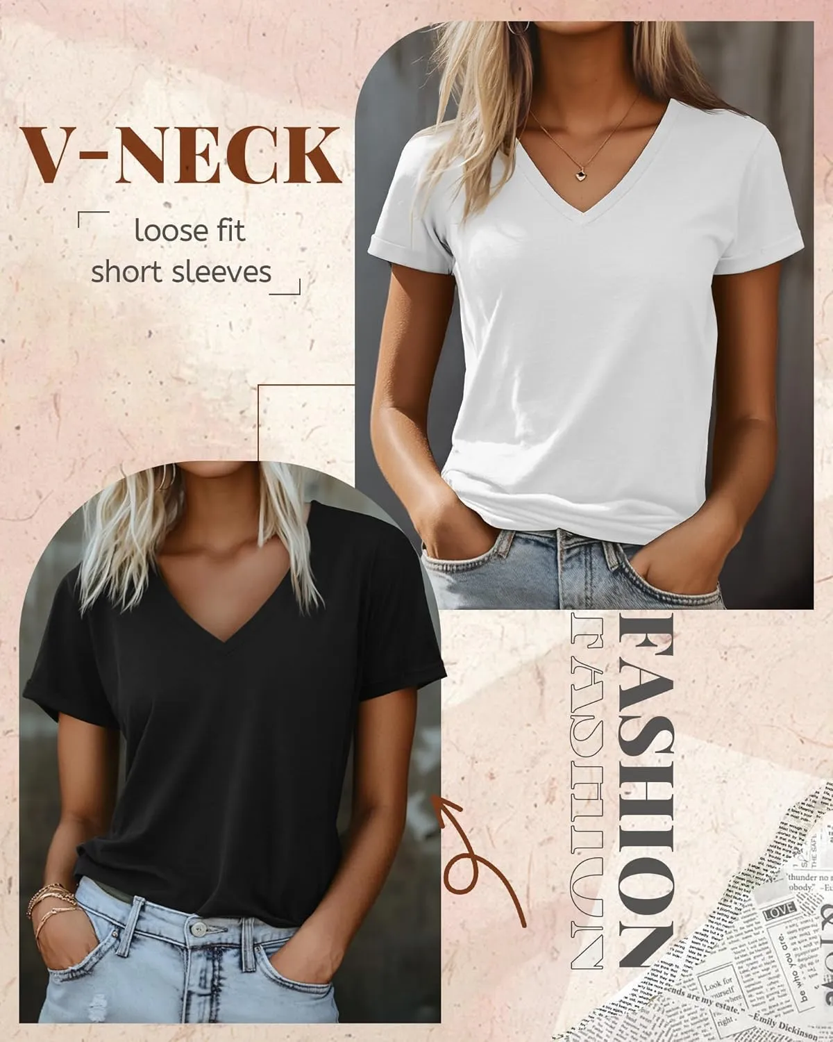 Ficerd 3 Pack Women's V Neck T Shirts, Cotton Summer Casual Short Sleeve Tops Loose Fit Rolled Sleeve Tees 2025 Trendy Shirts