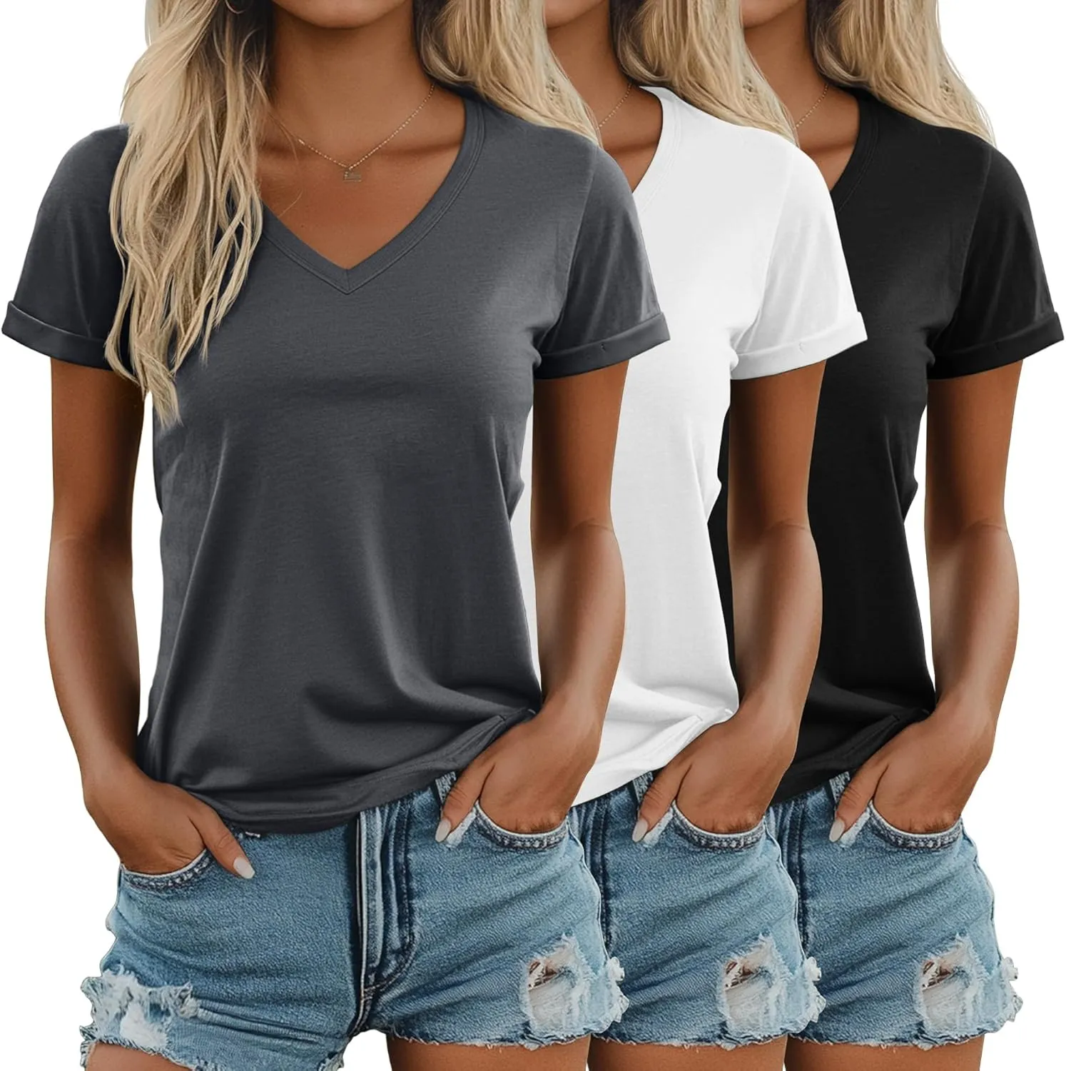 Ficerd 3 Pack Women's V Neck T Shirts, Cotton Summer Casual Short Sleeve Tops Loose Fit Rolled Sleeve Tees 2025 Trendy Shirts