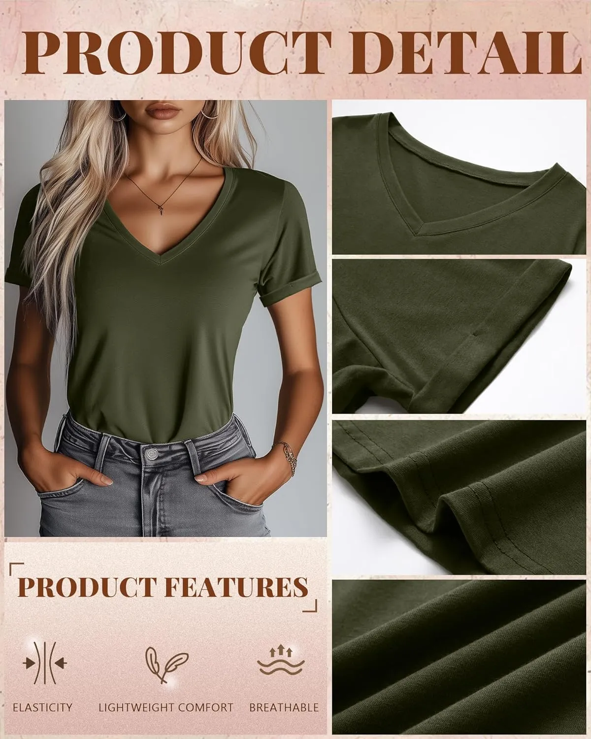 Ficerd 3 Pack Women's V Neck T Shirts, Cotton Summer Casual Short Sleeve Tops Loose Fit Rolled Sleeve Tees 2025 Trendy Shirts