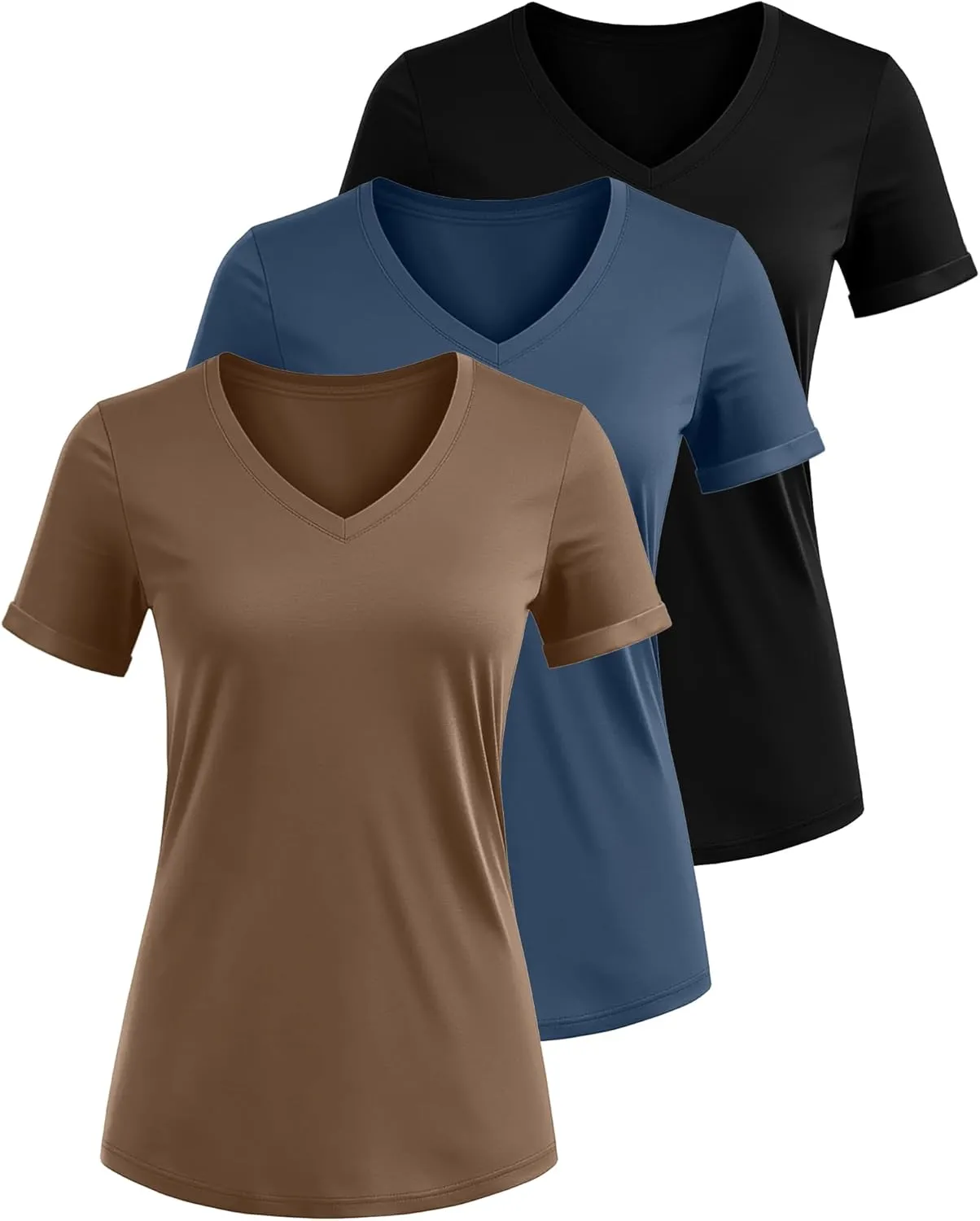 Ficerd 3 Pack Women's V Neck T Shirts, Cotton Summer Casual Short Sleeve Tops Loose Fit Rolled Sleeve Tees 2025 Trendy Shirts