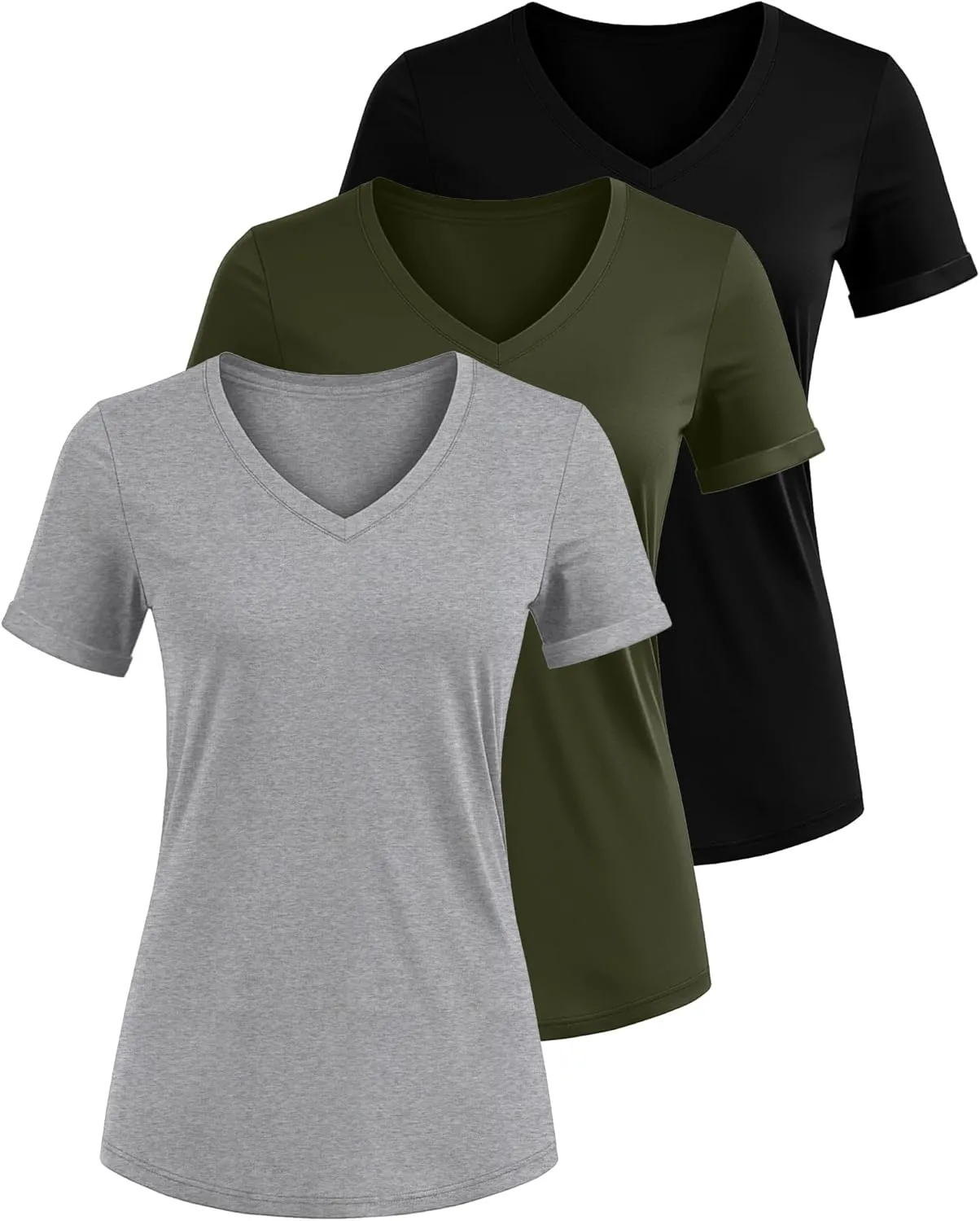 Ficerd 3 Pack Women's V Neck T Shirts, Cotton Summer Casual Short Sleeve Tops Loose Fit Rolled Sleeve Tees 2025 Trendy Shirts