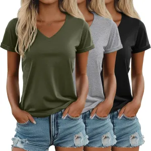 Ficerd 3 Pack Women's V Neck T Shirts, Cotton Summer Casual Short Sleeve Tops Loose Fit Rolled Sleeve Tees 2025 Trendy Shirts