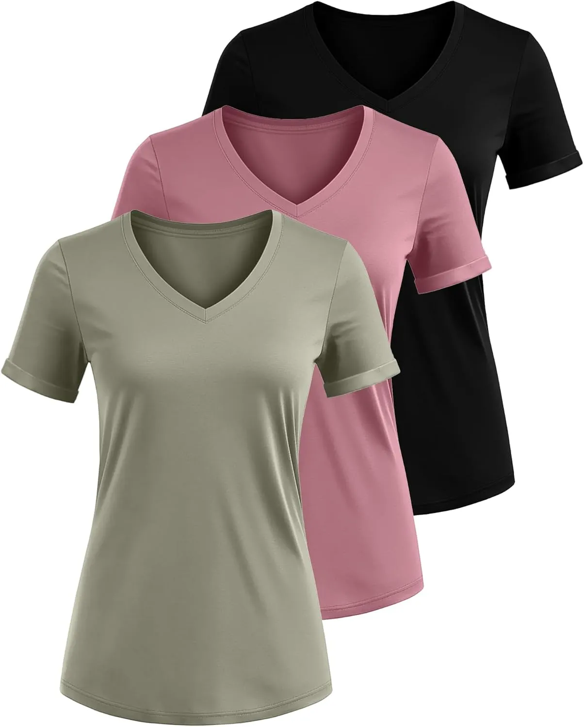 Ficerd 3 Pack Women's V Neck T Shirts, Cotton Summer Casual Short Sleeve Tops Loose Fit Rolled Sleeve Tees 2025 Trendy Shirts