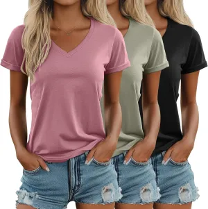 Ficerd 3 Pack Women's V Neck T Shirts, Cotton Summer Casual Short Sleeve Tops Loose Fit Rolled Sleeve Tees 2025 Trendy Shirts