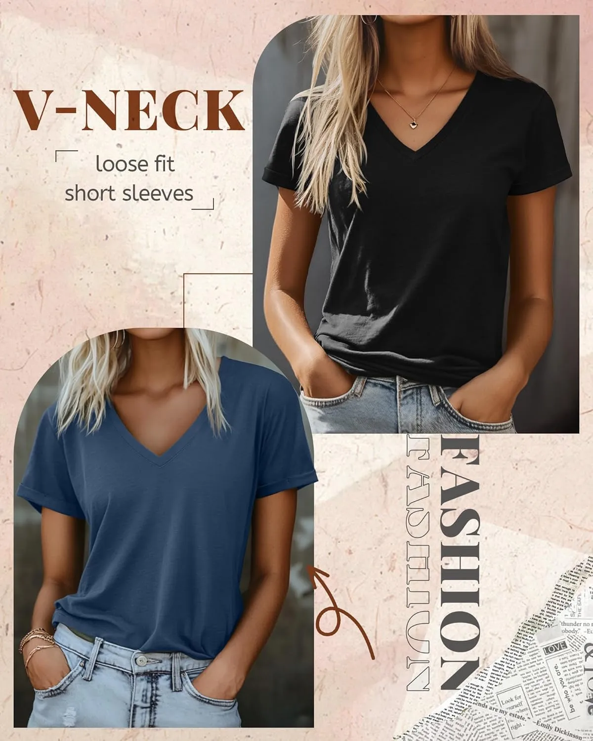Ficerd 3 Pack Women's V Neck T Shirts, Cotton Summer Casual Short Sleeve Tops Loose Fit Rolled Sleeve Tees 2025 Trendy Shirts