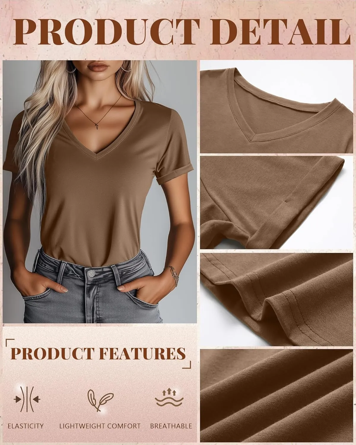 Ficerd 3 Pack Women's V Neck T Shirts, Cotton Summer Casual Short Sleeve Tops Loose Fit Rolled Sleeve Tees 2025 Trendy Shirts