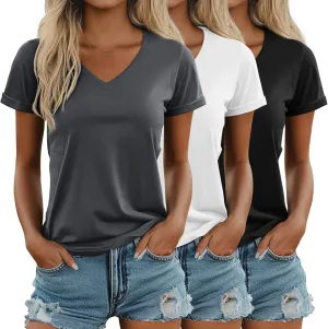 Ficerd 3 Pack Women's V Neck T Shirts, Cotton Summer Casual Short Sleeve Tops Loose Fit Rolled Sleeve Tees 2025 Trendy Shirts