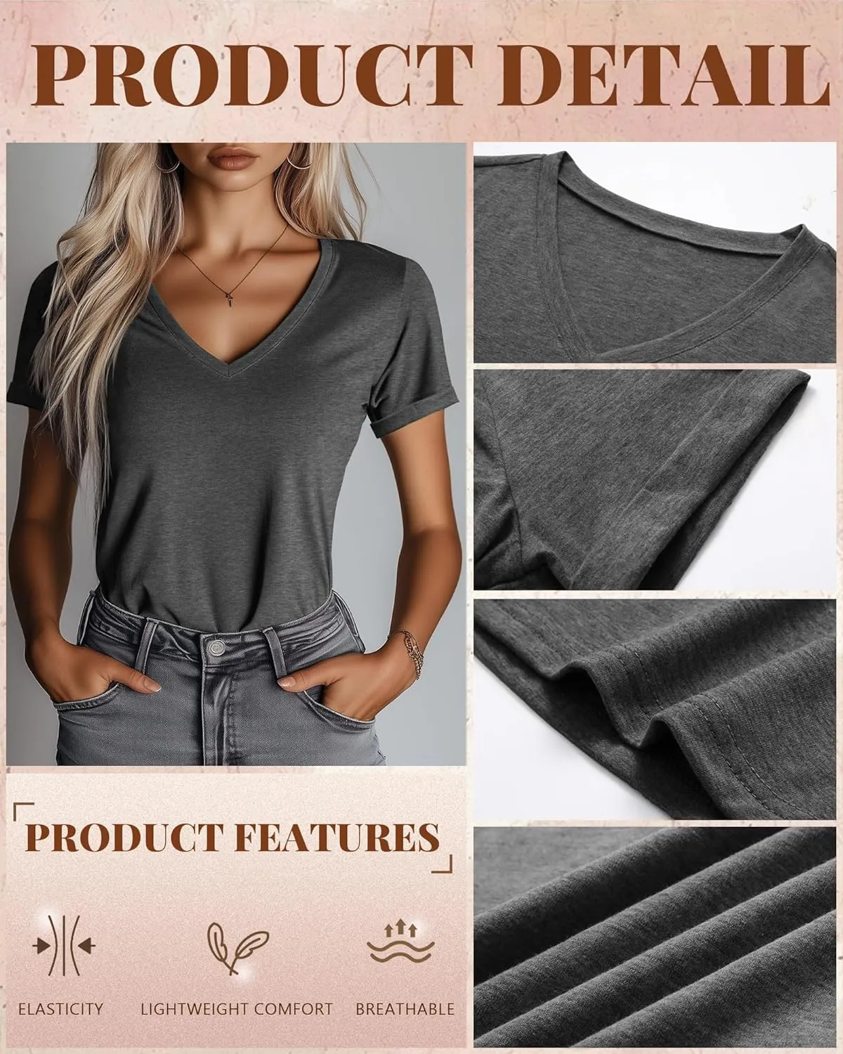 Ficerd 3 Pack Women's V Neck T Shirts, Cotton Summer Casual Short Sleeve Tops Loose Fit Rolled Sleeve Tees 2025 Trendy Shirts
