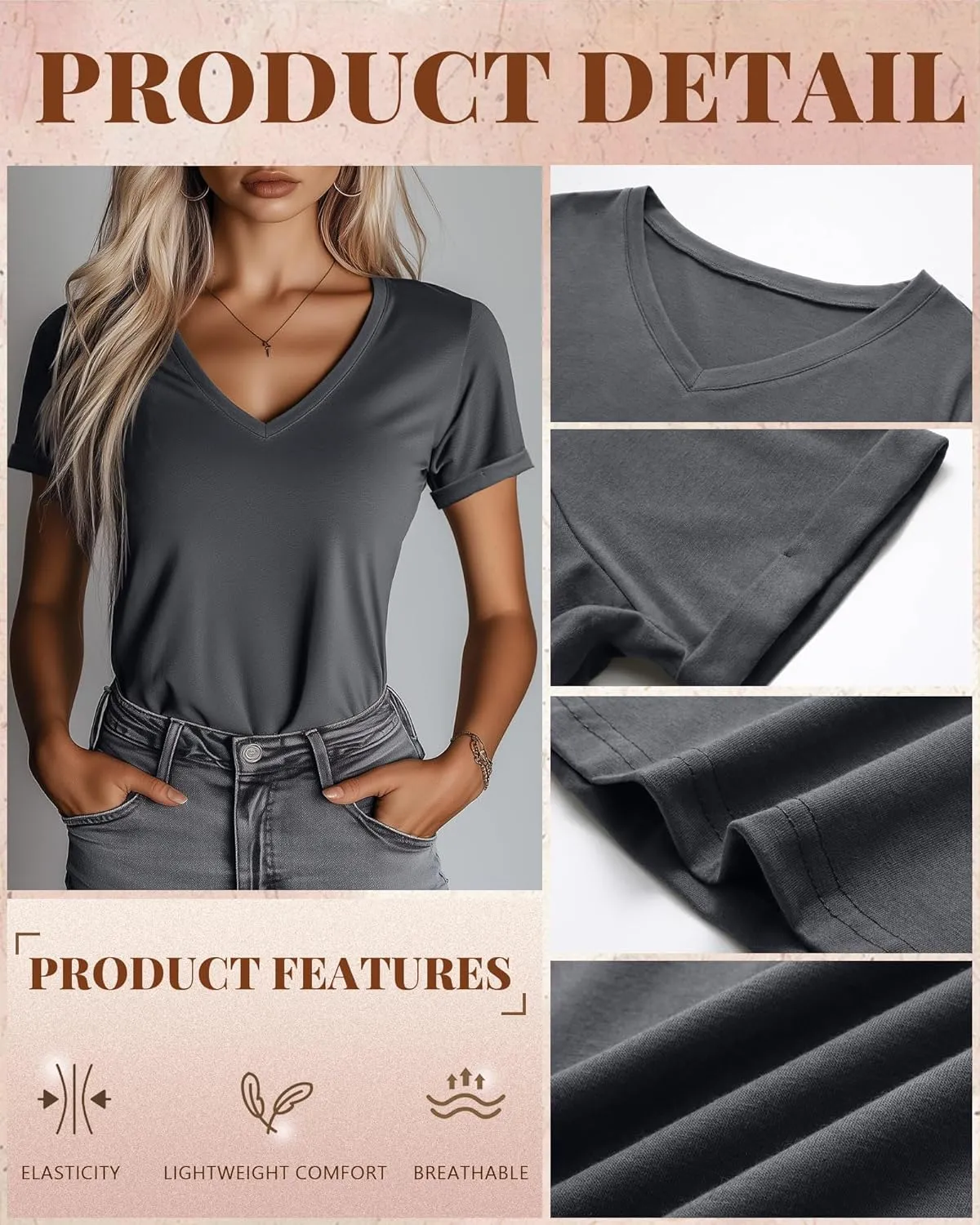 Ficerd 3 Pack Women's V Neck T Shirts, Cotton Summer Casual Short Sleeve Tops Loose Fit Rolled Sleeve Tees 2025 Trendy Shirts