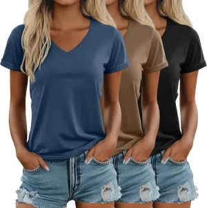 Ficerd 3 Pack Women's V Neck T Shirts, Cotton Summer Casual Short Sleeve Tops Loose Fit Rolled Sleeve Tees 2025 Trendy Shirts
