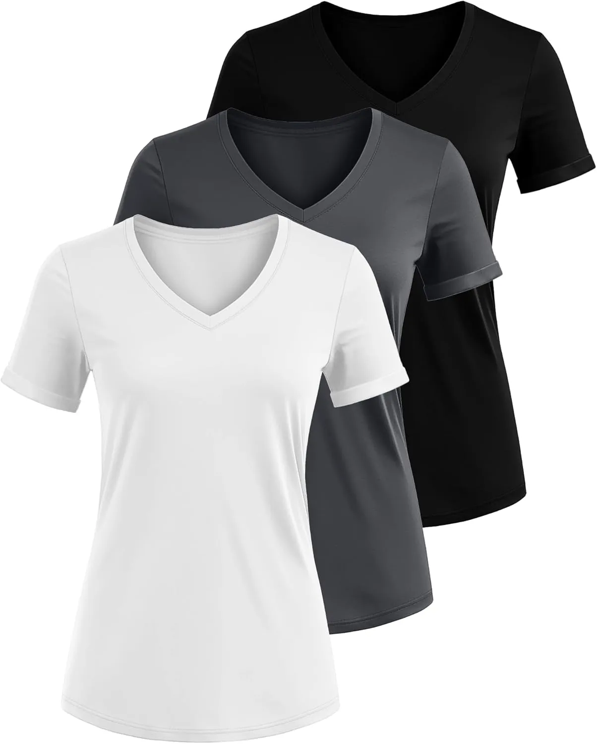 Ficerd 3 Pack Women's V Neck T Shirts, Cotton Summer Casual Short Sleeve Tops Loose Fit Rolled Sleeve Tees 2025 Trendy Shirts