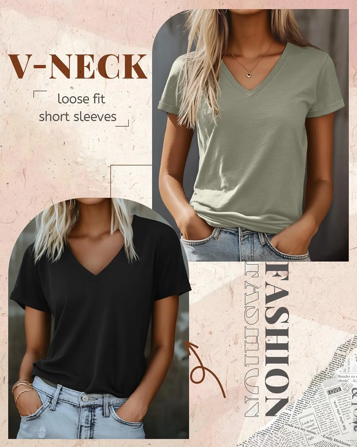Ficerd 3 Pack Women's V Neck T Shirts, Cotton Summer Casual Short Sleeve Tops Loose Fit Rolled Sleeve Tees 2025 Trendy Shirts