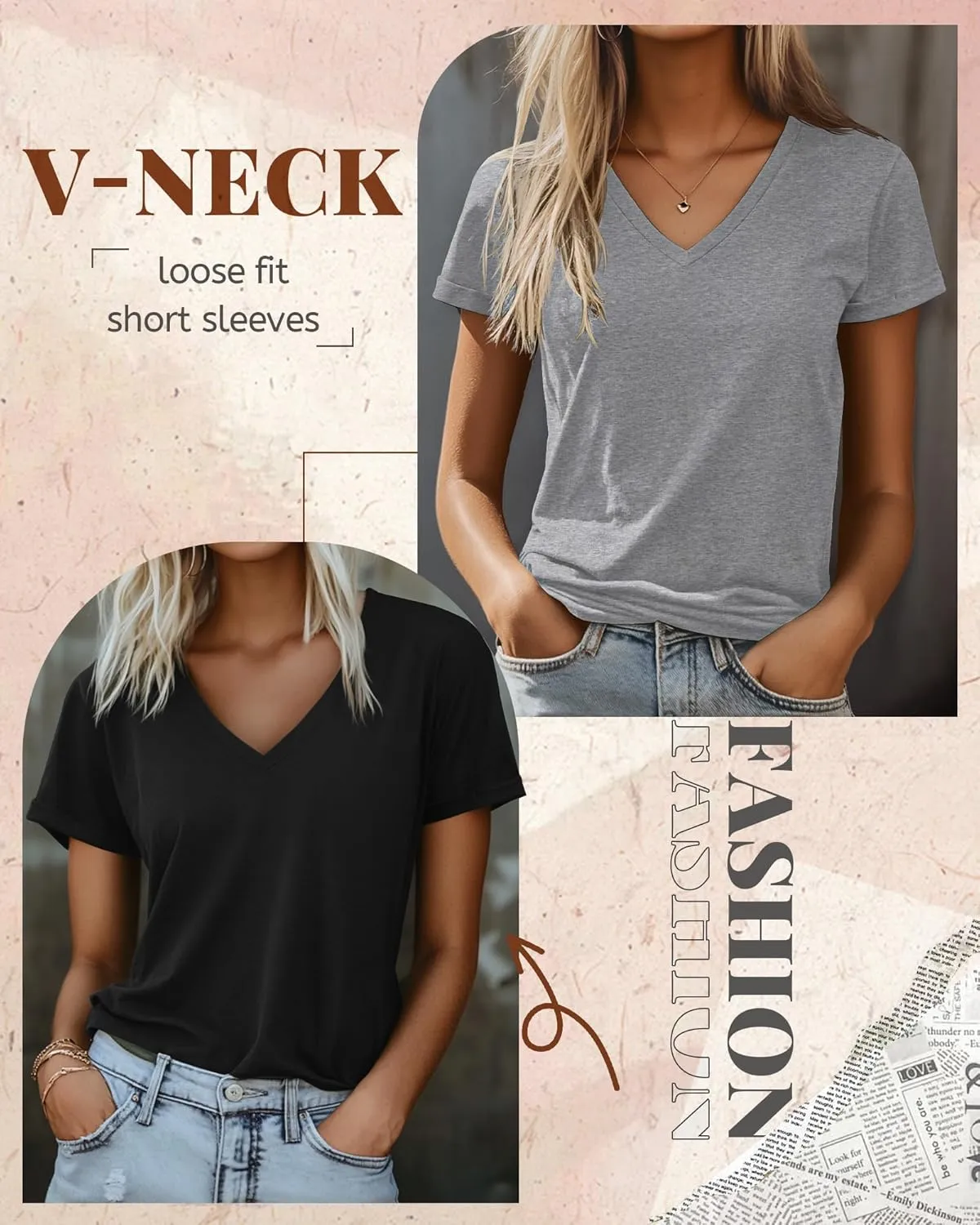 Ficerd 3 Pack Women's V Neck T Shirts, Cotton Summer Casual Short Sleeve Tops Loose Fit Rolled Sleeve Tees 2025 Trendy Shirts