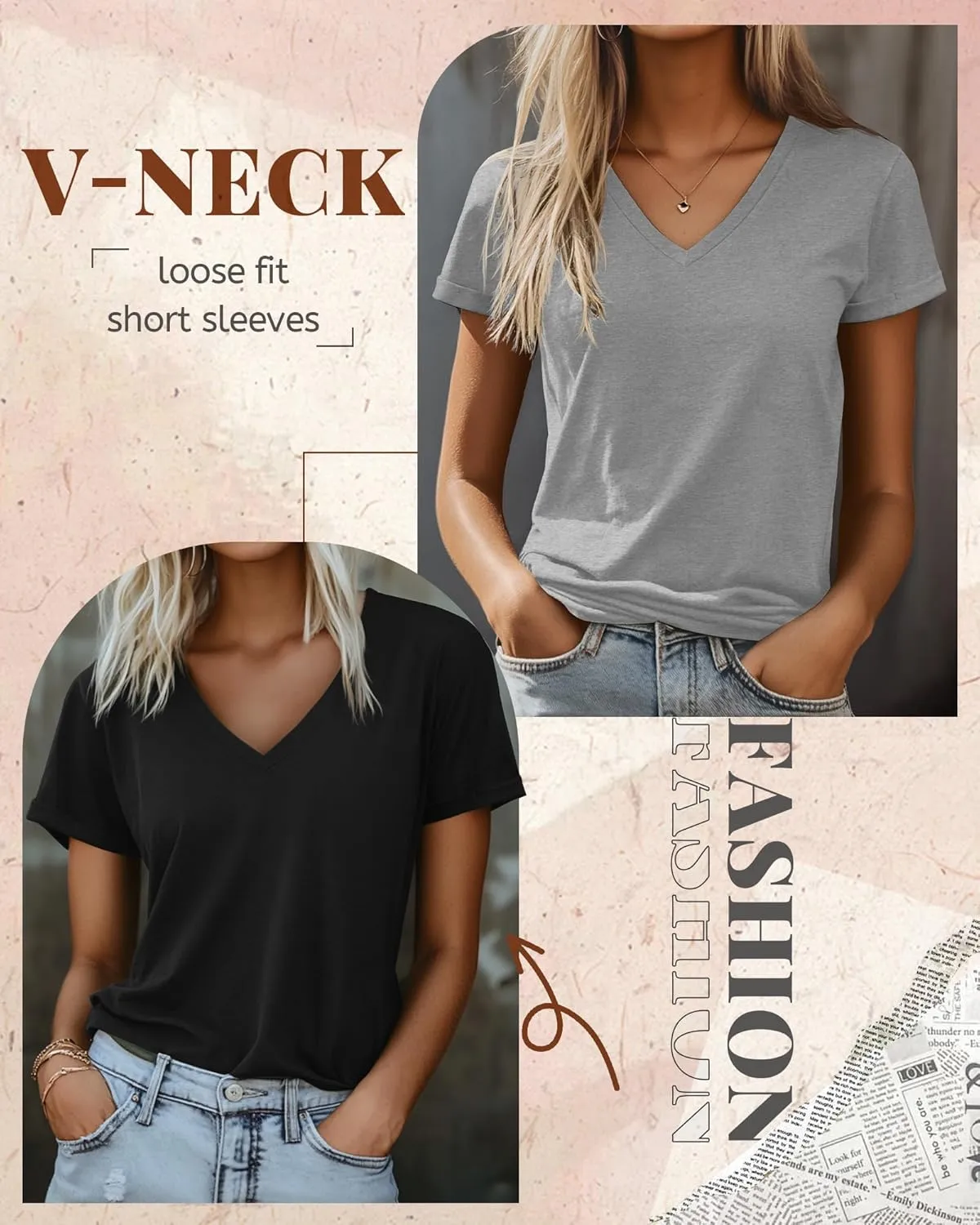 Ficerd 3 Pack Women's V Neck T Shirts, Cotton Summer Casual Short Sleeve Tops Loose Fit Rolled Sleeve Tees 2025 Trendy Shirts