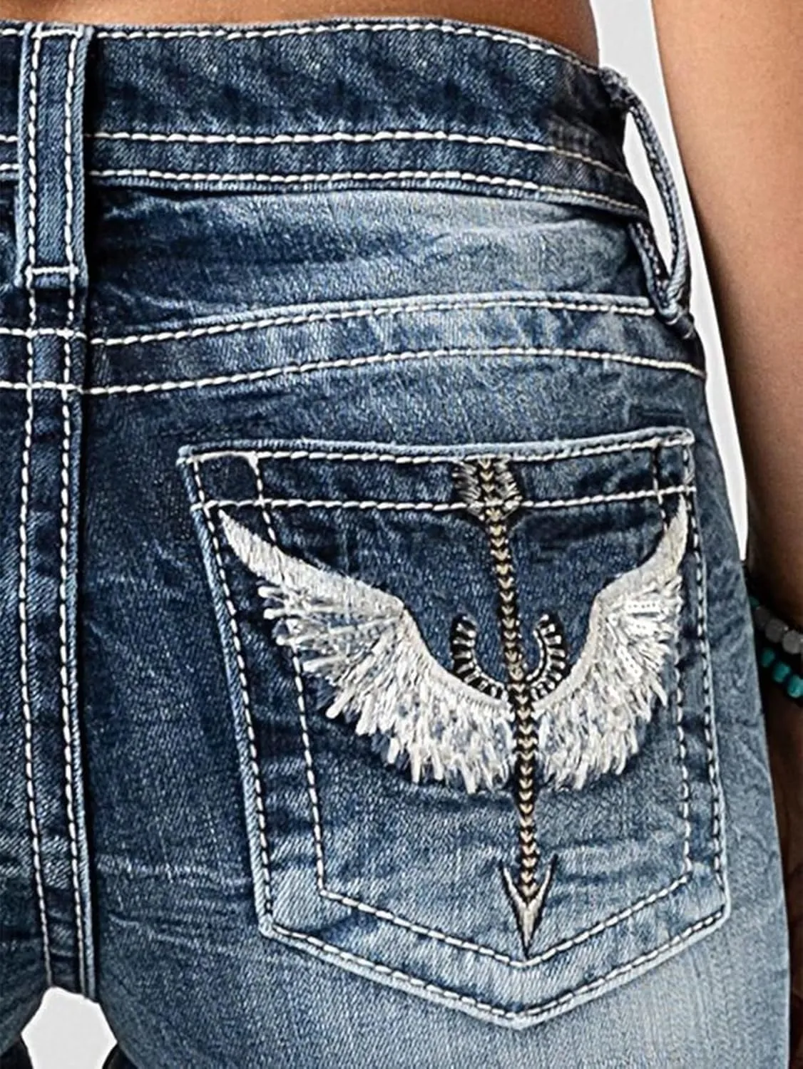 Flamingals Mid Waist Boot Cut Jeans for Women Straight Leg Trendy Embroidery Denim Pants
