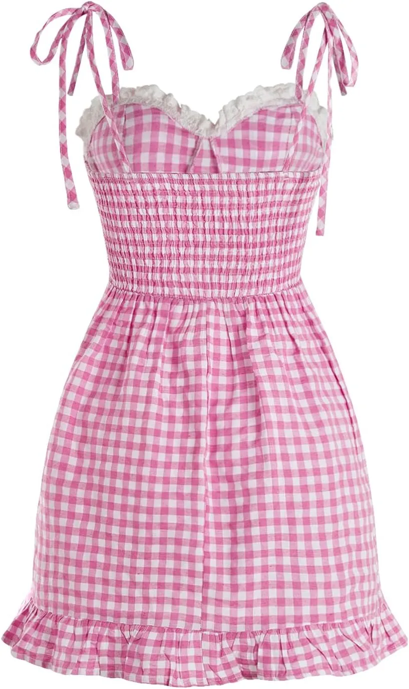 Floerns Women's Gingham Print tie Shoulder Sleeveless Ruffle Hem cami Dress