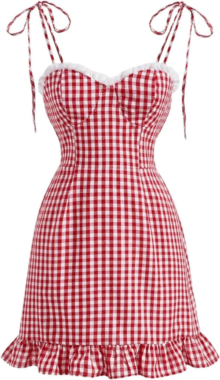 Floerns Women's Gingham Print tie Shoulder Sleeveless Ruffle Hem cami Dress
