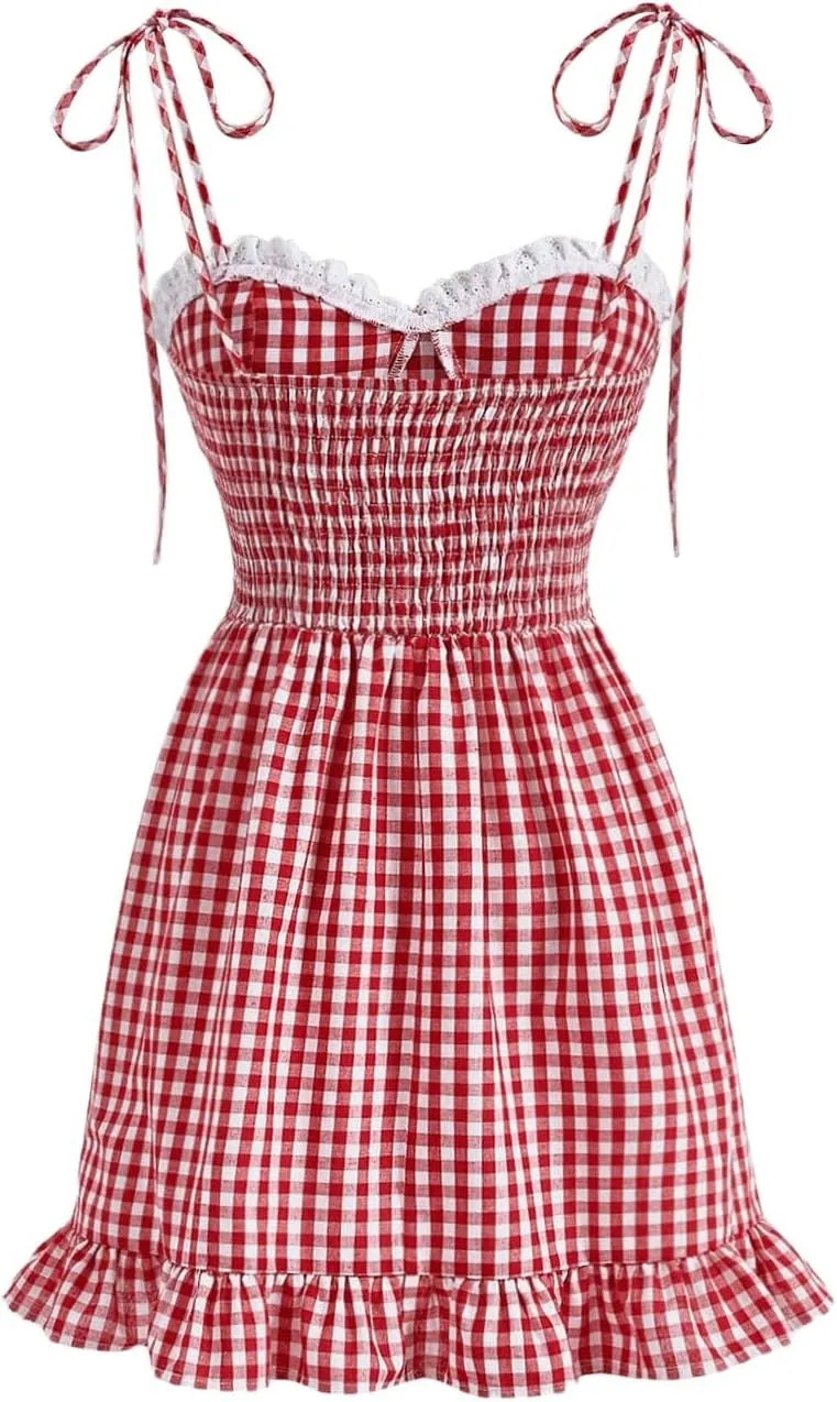 Floerns Women's Gingham Print tie Shoulder Sleeveless Ruffle Hem cami Dress