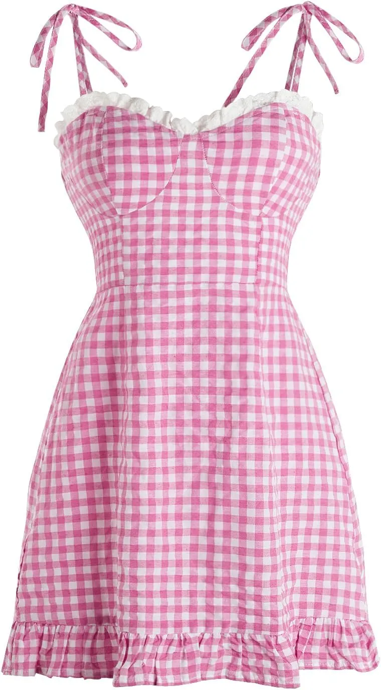 Floerns Women's Gingham Print tie Shoulder Sleeveless Ruffle Hem cami Dress