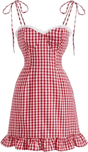Floerns Women's Gingham Print tie Shoulder Sleeveless Ruffle Hem cami Dress