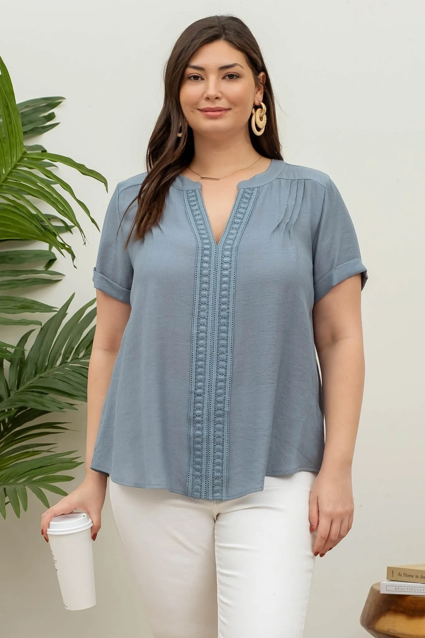 Front Floral Lace Woven Top