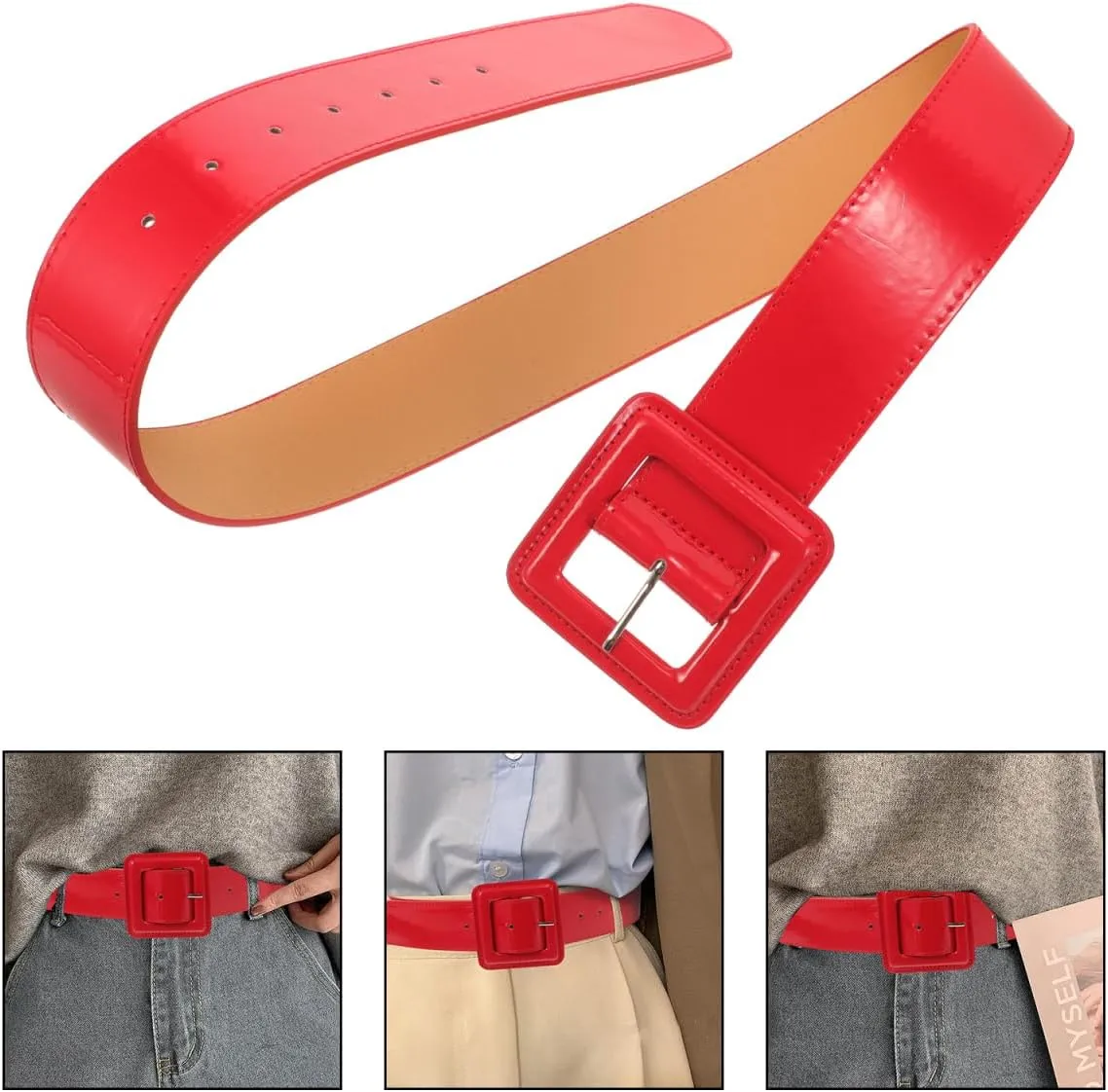 GALPADA Black Patent Leather Belt Women: Retro Wide Black Belt with Square Buckle, Wide High Waist Belt for Women Jeans Dress