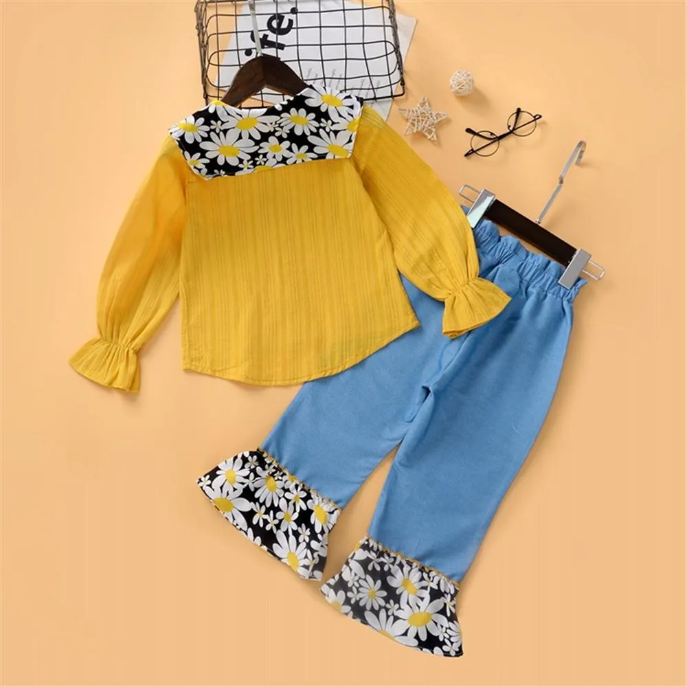 Girls Long Sleeve Floral Printed Lapel Blouse & Pants Wholesale Girl Clothing