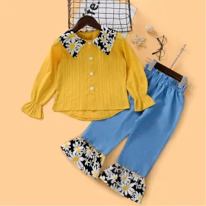 Girls Long Sleeve Floral Printed Lapel Blouse & Pants Wholesale Girl Clothing