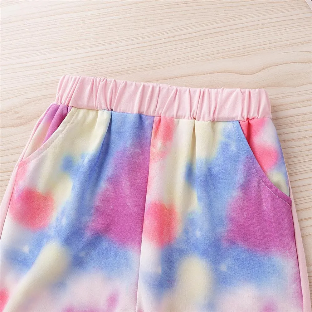 Girls Long Sleeve Tie Dye Splicing Hooded Top & Pants Wholesale Girls